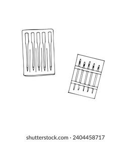Sewing needles set in a pack. Tailoring. Pack of Needles for Sewing machine, and pack of needles for tailoring. Vector isolated outline drawing.  