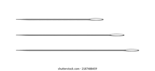 Sewing needles set. Realistic metal or silver needles of different lengths with eyelet for thread isolated on white background. 3d vector illustration