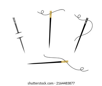 Sewing needles for the visually impaired. Set of needle and thread black silhouette. Vector illustration isolated on a white background.