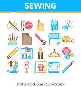 Sewing And Needlework Collection Icons Set Vector Thin Line. Sewing Needle And Measure, Dummy And Bobbin, Button And Fabric Concept Linear Pictograms. Color Contour Illustrations