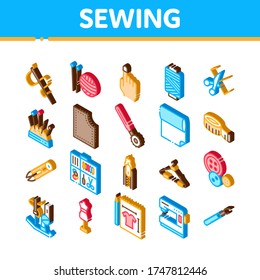 Sewing And Needlework Collection Icons Set Vector. Sewing Needle And Measure, Dummy And Bobbin, Button And Fabric Isometric Illustrations