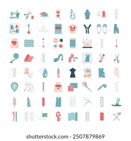 Sewing and needlework color icons set. Dressmaker tools, equipment, accessories in pictograms. Simple elements of tailoring. Threads, needle, scissors, dummy, sewing machine. Line vector illustration