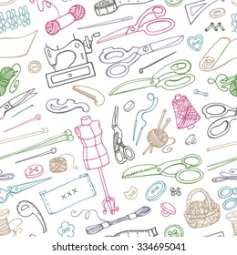 Sewing and needlework doodle icons seamless pattern.Linear hand drawing sketch.Vintage isolated object.Vector hand made supplies,knitting equipment.Design template. Linear background
