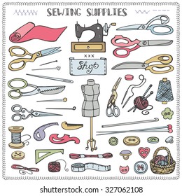 Sewing and needlework doodle icons set.Colored hand drawing sketch.Vintage isolated object.Vector hand made supplies,knitt equipment.Design template.