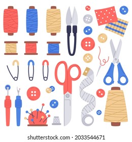 Sewing, needlework doodle tools. Hand drawn scissors, needles, buttons, thread spools. Cartoon sewing tools vector illustration set