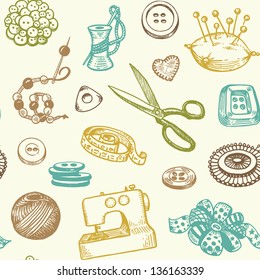 Sewing And Needlework Doodles Seamless Pattern Vector