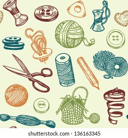 Sewing And Needlework Doodles Seamless Pattern Vector
