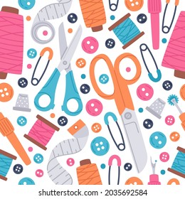Sewing needlework hand drawn seamless pattern. Doodle buttons, scissors and needles cartoon sewing tools vector background illustration