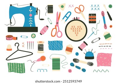 Costura y costura. Kit hecho a mano: bordado, tijeras, hilo, aguja. Arte y artesanía dibujado a mano suministros. Colección de herramientas a medida. Ilustración vectorial plana de equipo de hobby. Vector aislado