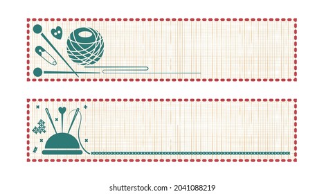 Sewing And Needlework. Horizontal Template. Silhouettes Of Needlework Accessories. Background Stitching In Red And Texture In The Form Of Linen Fabric. There Is Room For Text. Vector Illustration.