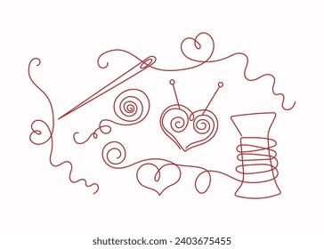  Sewing, needlework icons. Knitting; hobby. Threads, needle in the shape of a heart. Outline drawing, line art. Vector graphics. Background isolated.
