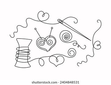  Sewing, needlework icons. Knitting; hobby. Threads, needle in the shape of a heart. Outline drawing, line art. Vector graphics. Background isolated.