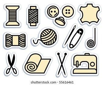 Sewing and needlework icons on stickers