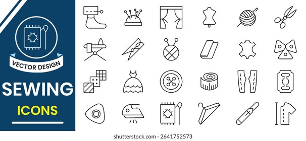 Sewing and needlework icons set collection. Sewing icon, vector set design such as  needle, sewing machine, thread spool, button, including needles, thread, embroidery hoop, cross stitch, zipper.