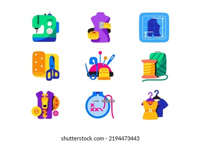 Sewing and needlework icons set vector illustration. Needles, scissors and sewing machine. Buttons, spools and threads flat style
