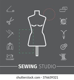 Sewing and needlework icons. Sewing studio poster.