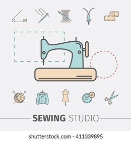 Sewing and needlework icons. Sewing studio poster.