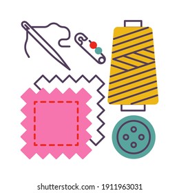 Nähen und Nadelarbeit-Symbole, Vektorgrafik-Flach-Design einzeln auf Weiß. Farbige Grafiken