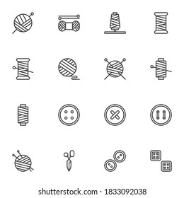 Sewing and needlework line icons set, outline vector symbol collection, linear style pictogram pack. Signs, logo illustration. Set includes icons as balls of yarn knitting needles, thread , scissors