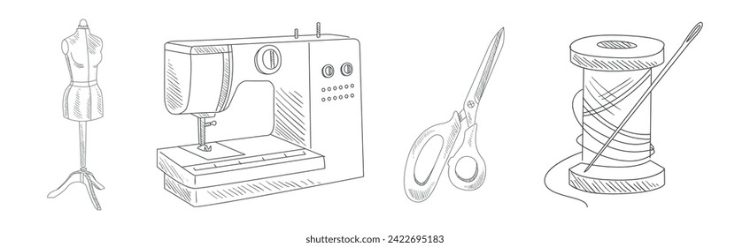 Sewing and Needlework Line Sketch Object and Element Vector Set