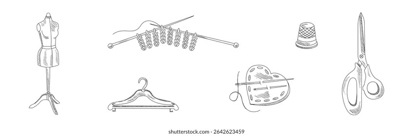 Sewing and Needlework Line Sketch Object and Element Vector Set