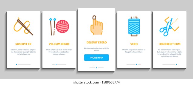 Sewing And Needlework Onboarding Mobile App Page Screen. Sewing Needle And Measure, Dummy And Bobbin, Button And Fabric Concept Illustrations