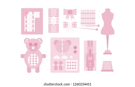 Conjunto de iconos rosados de costura y costura, sastrería, costura vectorial Ilustración