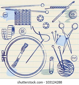 Sewing and needlework related symbols on lined paper background