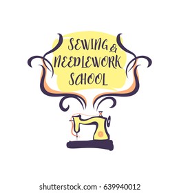 Sewing and needlework school concept vector logo. Template illustration for master class home hand sewn.  