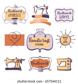 Sewing and needlework school and course concept vector logo. Template illustration for master class home hand sewn. Handicraft store. Made with love. 