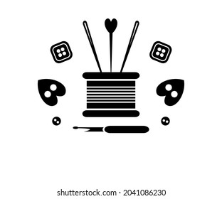 Sewing and needlework. Silhouette. Spool of needles and pins, buttons and a ripper. Black color. There is room for text. Vector illustration.