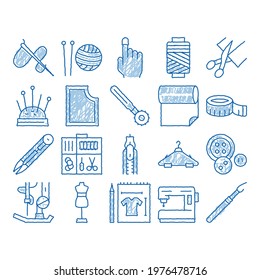 Sewing And Needlework sketch icon vector. Hand drawn blue doodle line art Sewing Needle And Measure, Dummy And Bobbin, Button And Fabric Illustrations