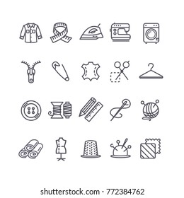 Sewing and Needlework Tool Black Thin Line Icon Set Include of Cloth, Iron, Pin and Button. Vector illustration