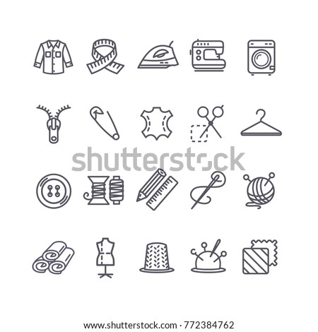 Sewing and Needlework Tool Black Thin Line Icon Set Include of Cloth, Iron, Pin and Button. Vector illustration