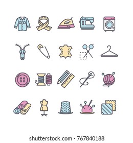 Sewing and Needlework Tool Color Thin Line Icon Set Include of Measure Equipment, Mannequin and Zip. Vector illustration