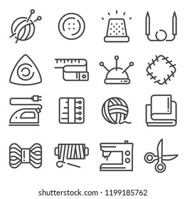 Sewing and Needlework Tool Icon Set Include of Cloth, Iron, Pin and Button