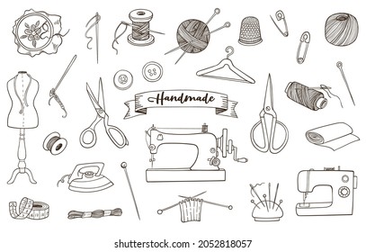 Sewing and needlework tools and accessories. Hand drawn vector doodle illustrations.