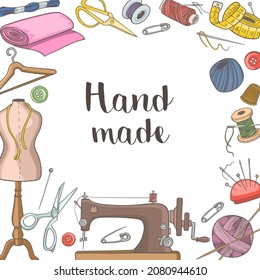 Sewing and needlework tools and accessories. Hand drawn vector background