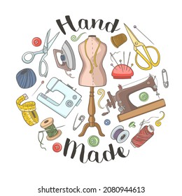 Herramientas y accesorios de costura y de costura. Ilustración vectorial dibujada a mano.