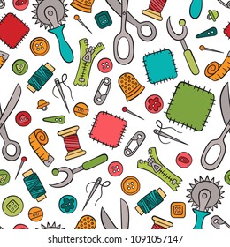 Sewing and needlework. Tools and accessories. Seamless pattern in doodle and cartoon style. Colorful. Linear. Vector. EPS 8