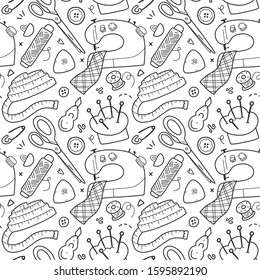 sewing and needlework tools, acessories and equipment, vector background, seamless vector pattern, simple black and white line art, outline drawings, sewing machine, measuring tape and scissors.