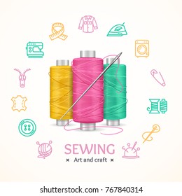 Sewing and Needlework Tools Concept with Realistic 3d Detailed Color Thread and Needle. Vector illustration of Handmade Elements