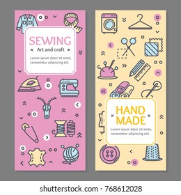 Sewing and Needlework Tools Flyer Banner Posters Card Set witch Color Outline Icons for Promotion and Advertising. Vector illustration of Banners