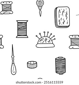 Costura, ferramentas de agulha Padrão sem costura. Alfaiates de fornecimento, Pad com pinos, Skeins e carretéis, Thimble. Ilustração de vetor desenhada à mão em estilo doodle. Para desenhos de passatempo ou feitos à mão, costurando impressões.