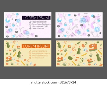 Sewing, needlework. Vector design of business cards set for sewing studio,  Frame from sewing tools.