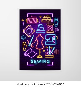 Sewing Neon Flyer. Vector Illustration of Craftsmanship Promotion.