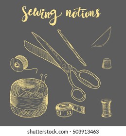 Sewing notions. Hand drawn thread, needle, scissors, ball of yarn, knitting needles, crochet. Vector illustration