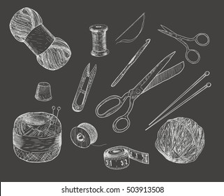 Sewing notions. Hand drawn thread, needle, scissors, ball of yarn, knitting needles, crochet. Vector illustration