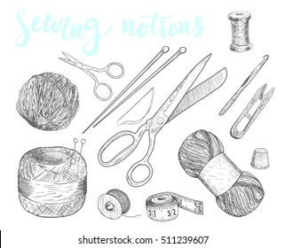 Sewing notions. Hand drawn thread, needle, scissors, ball of yarn, knitting needles, crochet. Vector illustration