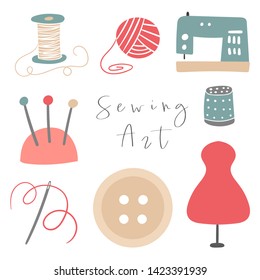 Sewing objects collection including sewing machine, needle, yarn, strings, button, model, needle pillow, thimble. Card, postcard, cover, page for clothes designers